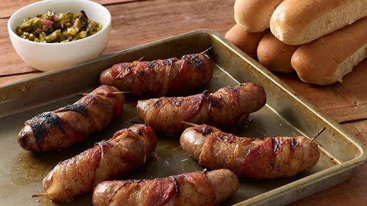 Bacon-Wrapped Brats with Poblano Pickle Relish