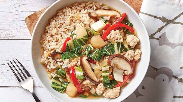 Plant-Based Asian Rice Bowl with Bok Choy, Shiitake Mushrooms and Soy Broth